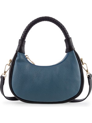 Bilik Deri Hakiki Deri Mavi-Siyah Kadın El Çantası Blm 7560