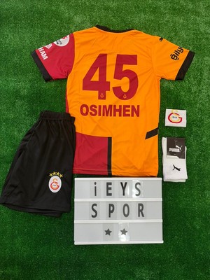 Osimhen 4'lü Set Galatâsarây Iç Saha Sarı Kırmızı Parçalı Çocuk Forma Şort Bileklik Çorap