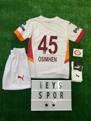 Osimhen 4'lü Set Galatâsarây Beyaz Renk Deplasman Çocuk Forma Şort Bileklik Çorap