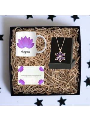 Marmori Kişiye Özel Lotus Kupa ve Lotus Kolyeli Hediye Seti