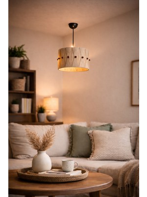 Bhava Lara Doğal Jüt Ip Sarkıt Avize – Ahşap Boncuk Detaylı Silindir Tavan Lambası, Bohem Dekoratif Aydınlatma