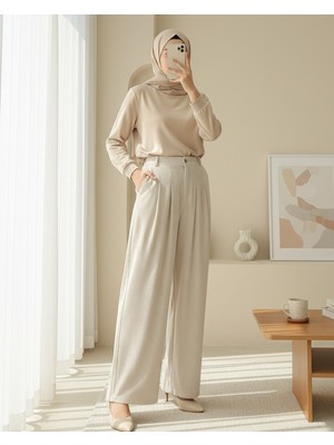 Modamorfo Cepli Bol Paça Pul Detaylı Kadife Pantolon   -Bej