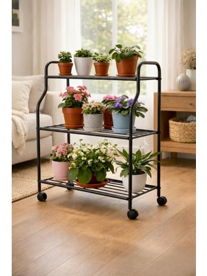 Siyah 3 Katlı Metal Tekerlekli Mutfak ve Dekoratif Saksılık Raflı-Organizer