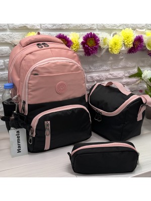 Ilk Okul Çantası 3'lü Seti Unisex Çocuk Ilkokul Çantası HRM-8010 Pudra-Siyah