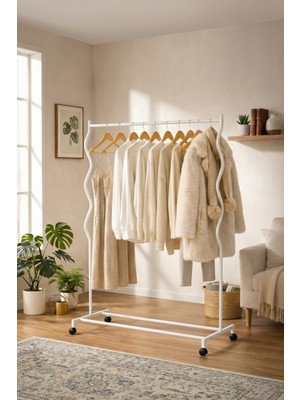 Arvion Home  Modern Beyaz Lüks Desenli Metal Tekerlekli Konfeksiyon Askılığı ve Dayanıklı Taşınabilir Raflı Stand
