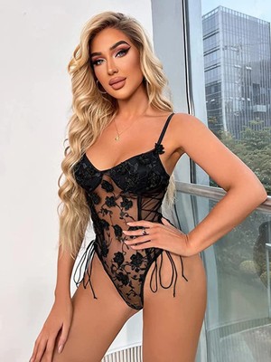 New Dreams Dantelli Tüllü, Çiçek Desenli, Fantezi Iç Giyim, Kadın Body, Bağcıklı Tasarım