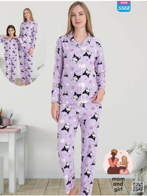 Angel Valeska Desenli Düğmeli Uzun Kollu Anne Kız Süet Pijama Takımı