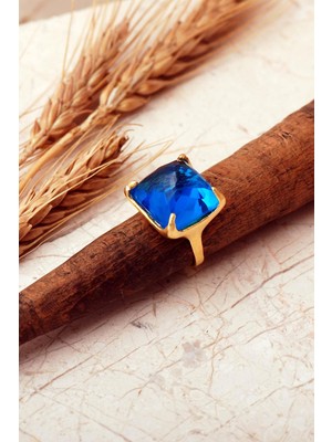 Sümer Telkari 5 Farklı Doğal Taş Seçenekli Altın Yaldızlı Kare 925 Ayar Gümüş Ayarlanabilir Yüzük 6013