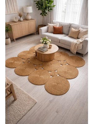 Efuliz Home Jüt-Hasır El Örgüsü Bambu(Hardal) Renk Halı-Kilim, Paspas,maise-Dikdörtgen , Kare Model Kilim