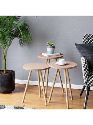 Hepta Collection Intergo-Üçlü Zigon Sehpa Ahşap Ayaklı Yuvarlak Tasarım (Cappuccino)