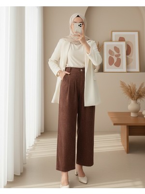 Modamorfo Cepli Bol Paça Pul Detaylı Kadife Pantolon  -Kiremit