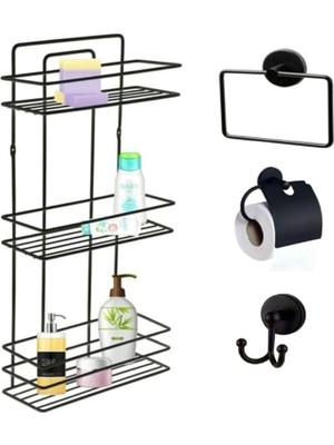 Delixa Banyo Aksesuar Seti 4 Lü Siyah, Ömür Boyu Paslanmaz Düz Duş Rafı Şampuanlık Siyah Tş-03