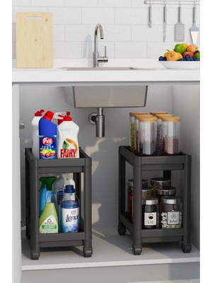 Delixa Mithra Life 2 Adet 2 Katlı Tekerlekli Tezgah Altı Siyah Banyo Mutfak Rafı MIT1122
