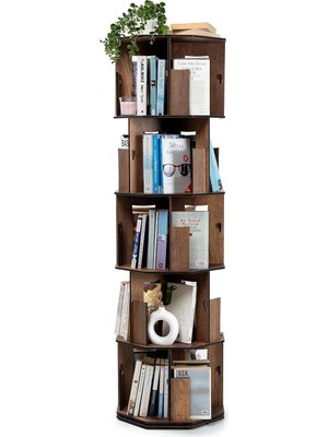 Delixa Vigo Wood 360° Döner Kitaplık – Modern ve Dekoratif Çok Katmanlı Ahşap Kitap ve Dergi Rafı (Ceviz, 5
