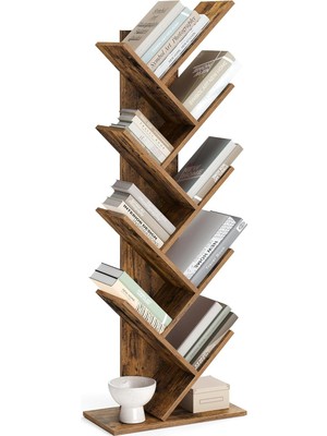 Delixa Ağaç Kitap Rafı, 8 Katlı Ayaklı Kitaplık, Oturma Odası, Ev Ofis Için Ahşap Raflı, Rustik Kahverengi