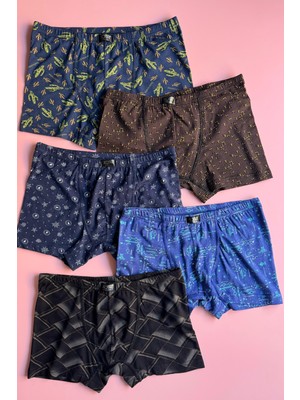 Ahmio Morvane | 5'li Modal Kumaş, Ince Biyeli, Desenli Likralı Erkek Boxer