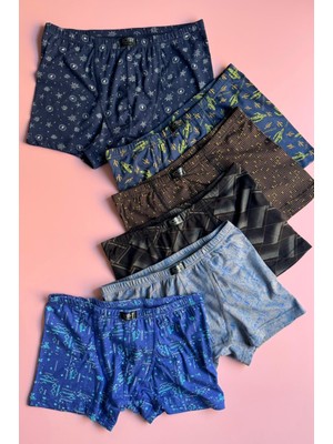 Ahmio Morvane | 6'li Modal Kumaş, Ince Biyeli, Desenli Likralı Erkek Boxer