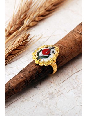 Sümer Telkari Laleli Çini Desenli Altın Yaldızlı Ayarlanabilir 925 Ayar Gümüş Damla Yüzük 6014