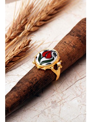 Sümer Telkari Laleli Çini Desenli Altın Yaldızlı Ayarlanabilir 925 Ayar Gümüş Oval Yüzük 6015