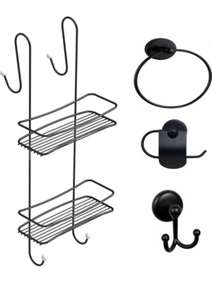 Delixa Banyo Aksesuar Seti 4 Lü Siyah,ömür Boyu Paslanmaz Duşakabin Askısı Duş Rafı Şampuanlık Siyah