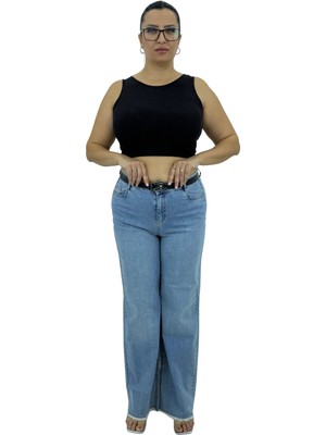 Carmito Büyük Beden Denim Kemerli Yüksek Bel Toparlayıcı Bol Paça Kadın Pantolon
