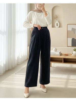 Modamorfo Cepli Bol Paça Pul Detaylı Kadife Pantolon  -Antrasit