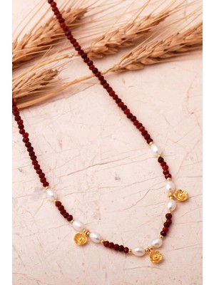 Sümer Telkari 3 Farklı Doğal Taş Seçenekli Altın Yaldızlı 925 Ayar Gümüş Incili Dizgi Kolye 8113