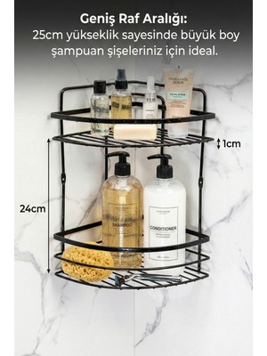 Le Paon 2 Katlı Banyo Köşe Rafı Mat Siyah - 25 cm Geniş Raf Aralığı - Paslanmaz Metal - Yapışkanlı ve Vidalı