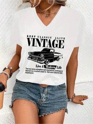 Mercoledi Vintage Baskılı Kadın Oversize V Yaka T-Shırt