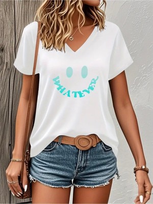 Mercoledi Whatever Gülen Yüz Baskılı Kadın Oversize V Yaka T-Shırt