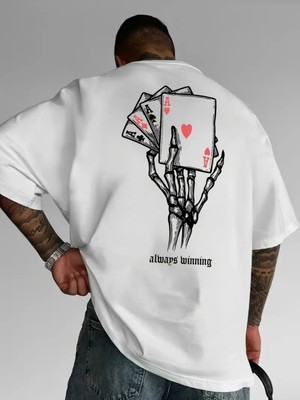 Mercoledi Iskambil Kağıdı ve Iskelet El Baskılı Oversize Bisiklet Yaka T-Shirt