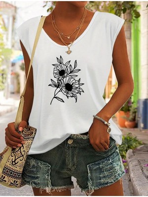 Mercoledi Çiçek Figür Baskılı Kadın Oversize Kolsuz T-Shırt