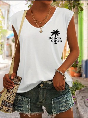 Mercoledi Beach Vibes Baskılı Kadın Oversize Kolsuz T-Shırt