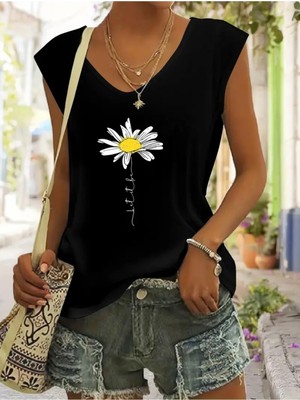 Mercoledi Papatya Baskılı Kadın Oversize Kolsuz T-Shırt