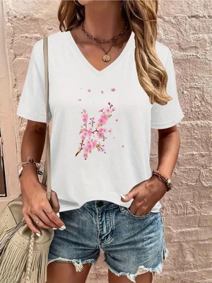 Mercoledi Çiçek Baskılı Kadın Oversize V Yaka T-Shırt