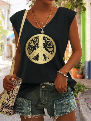 Mercoledi Peace Baskılı Kadın Oversize Kolsuz T-Shırt
