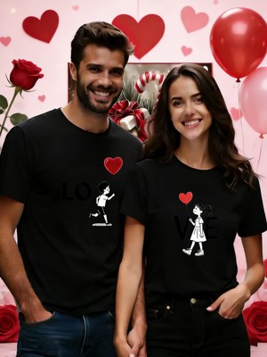 Mercoledi Çift Kombini 1 Adet Erkek Modeli Sevgililer Günü Baskılı Rahat Kalıp T-Shirt