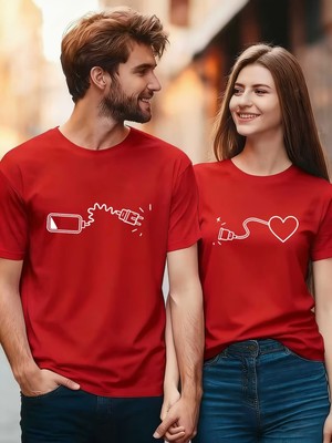 Mercoledi Çift Kombini 1 Adet Kadın Modeli Sevgililer Günü Baskılı Rahat Kalıp T-Shirt