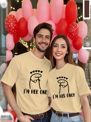 Mercoledi Çift Kombini 1 Adet Kadın Modeli Sevgililer Günü Baskılı Rahat Kalıp T-Shirt