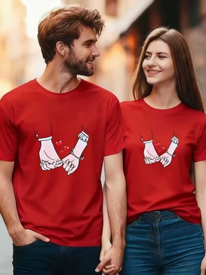Mercoledi Çift Kombini 1 Adet Kadın Modeli Sevgililer Günü Baskılı Rahat Kalıp T-Shirt