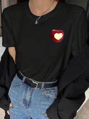 Mercoledi Kalp Elma Baskılı Oversize Bisiklet Yaka T-Shirt