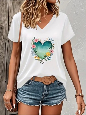 Mercoledi Çiçekli Mavi Kalp Baskılı Kadın Oversize V Yaka T-Shırt