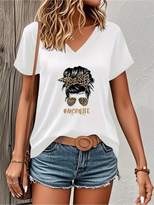 Mercoledi Mom Lıfe Baskılı Kadın Oversize V Yaka T-Shırt