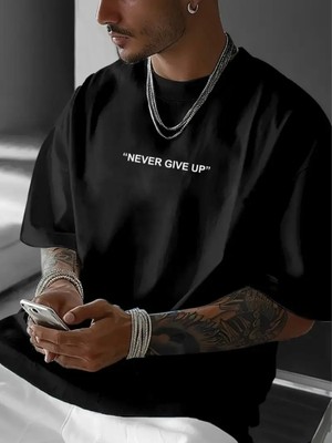 Mercoledi Kartal Never Give Up Baskılı Oversize Bisiklet Yaka T-Shirt