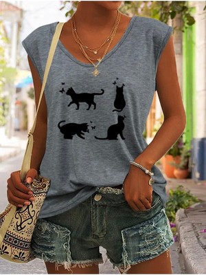 Mercoledi Kedi Baskılı Kadın Oversize Kolsuz T-Shırt