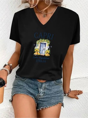 Mercoledi Caprı Italıa Baskılı Kadın Oversize V Yaka T-Shırt