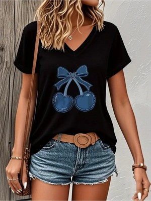 Mercoledi Denim Cherry Baskılı Kadın Oversize V Yaka T-Shırt