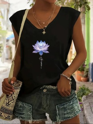 Mercoledi Lotus Çiçeği Baskılı Kadın Oversize Kolsuz T-Shırt