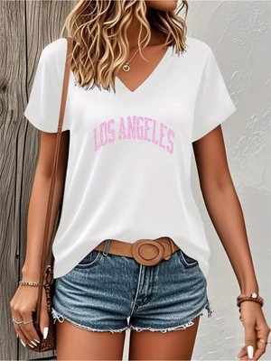 Mercoledi Los Angeles Baskılı Kadın Oversize V Yaka T-Shırt