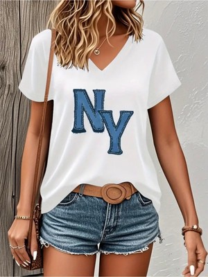 Mercoledi Denim Ny Baskılı Kadın Oversize V Yaka T-Shırt